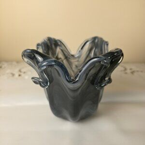 Murano-Style Art Glass Candle Holder | Smoky Blue-Grey Swirl | Ruffled Rim